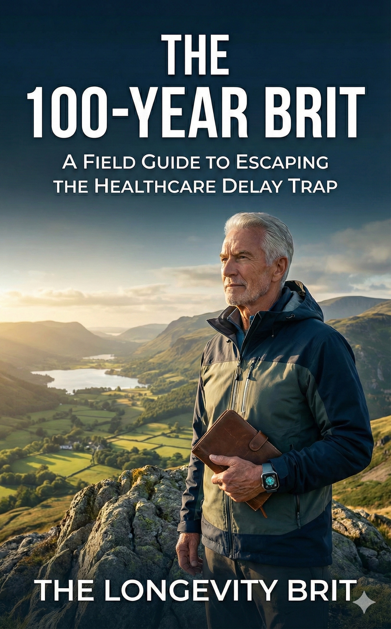 The 100-Year Brit by The Longevity Brit - book cover showing a man standing on a British hilltop overlooking green valleys